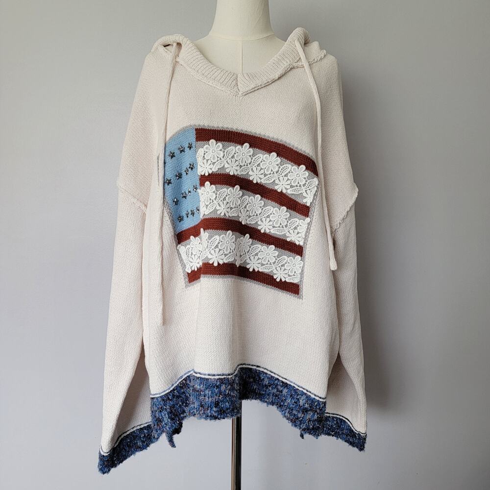Pol Sweater Hoodie American Flag Boho Oversized NEW Sz L Patriotic Art To Wear